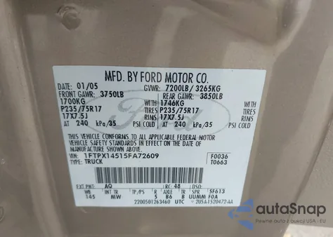 2005 Ford F-150 Fx4/Lariat/Xl/Xlt из США, поврежденный, VIN 1FTPX14515FA72609